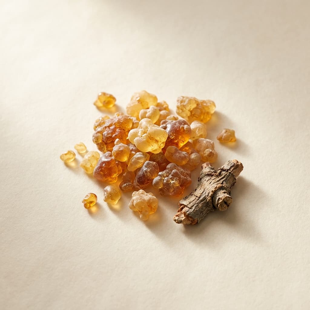 Translucent amber Boswellia resin tears clustered together, catching warm light